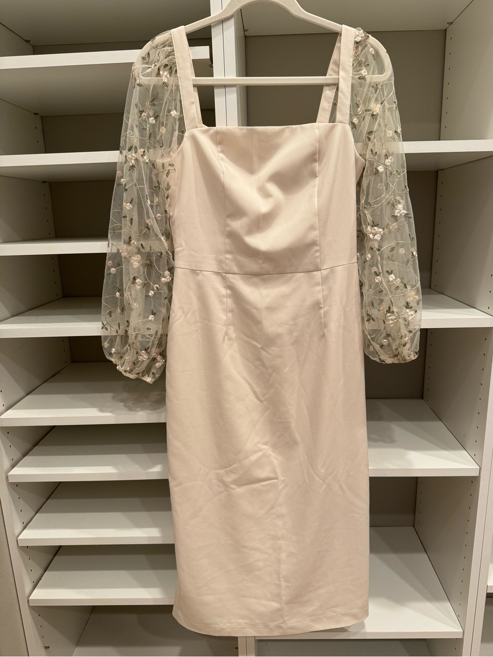 Lichi Ivory Cream Floral Embroidered Sheer Sleeve Dress Romantic Cottagecore, M